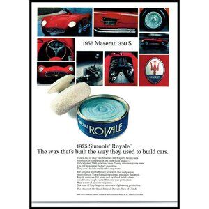 1975 Simonize Royale Car Wax Vintage Print Ad 1956 Maserati 350 S 350S Wall Art